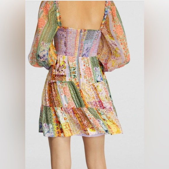 Alice + Olivia Rowen Puff Sleeve Tiered Skirt Tunic Chiffon Mini Dress - Picture 3 of 16